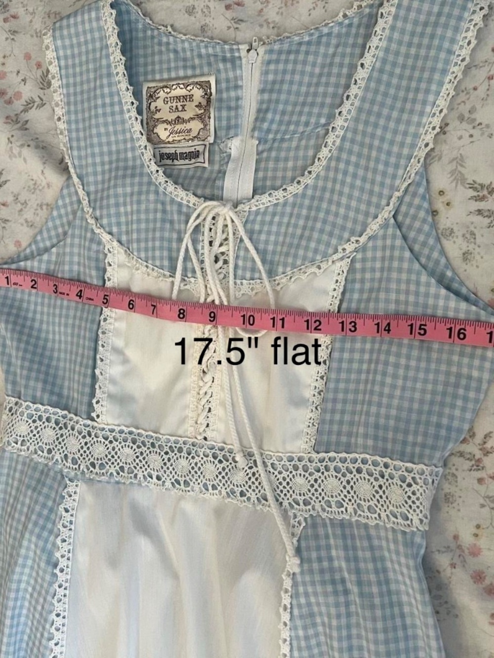 Rare 70s Gunne Sax Dress Sleeveless Light Blue Gingham Lace Corset Prairie - Picture 7 of 8